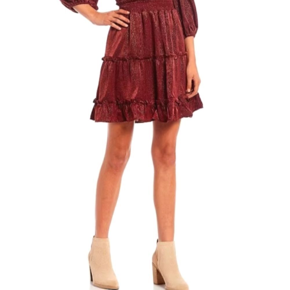 BLU PEPPER wine with gold shimmer paper boy waist tiered mini skirt sz L Fairy